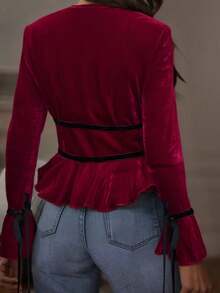 Women's Elegant Romantic Velvet Solid Color Bowknot Ruffle Sleeve Blouse Shirt, Suitable For Christmas & New Year - Burgundy - View 6