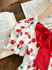 Korean Style Girls Cherry Print Dress, Summer, Backside Red Bow Puff Sleeve Princess Dress, Children Sweet Puffy Skirt, Children Waist Cinched Vacation Dress - Red - View 7
