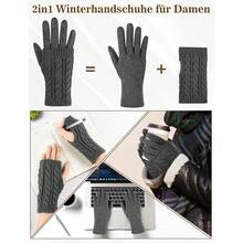 Becellen 2in1 Handschuhe Damen, Elegante Warm Winterhandschuhe Touchscreen Fingerhandschuhe mit Abnehmbaren Strick Armstulpen - Dunkelgrau - Übersicht 4