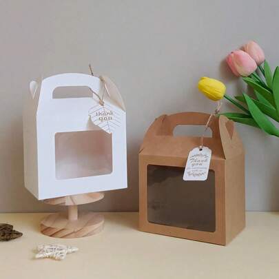 6pcs Gift Boxes With Display Window, White Packaging Boxes, Kraft Paper Boxes With Handles, Mountain Top Boxes, Barn Boxes, For Birthday Party, Wedding