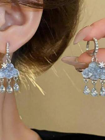 1 Pair Cute Tassel Blue Cloud Water Drop Earrings, Sweet Elegant Fashion Jewelry