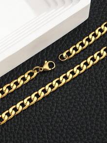 1pc Classic Vintage Gold Stainless Steel Chain Necklace, Party Hip-Hop Punk Style Jewelry Accessory, Gift For Friends - Gold - View 3