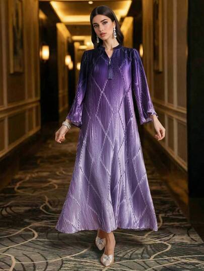 女式 V 领渐变紫色褶饰连衣裙，优雅日常阿拉伯风格，端庄大方
