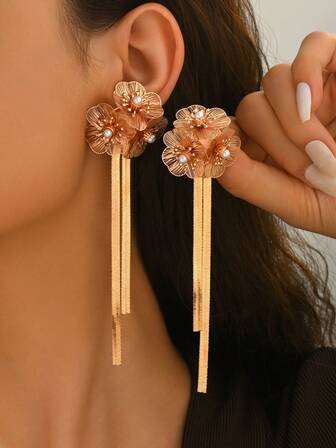1 Pair New Creative Floral Minimalist Elegant Long Tassel Computer Chip Earrings, Suitable For Spring/Summer