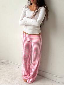 Womens Striped Summer Lounge Pants Matching Beach Vacation Travel Y2k - 粉色 - 查看 5