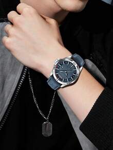 1pc Blue & Yellow Outdoor Sports Style PU Leather Men's Quartz Watch, Calendar Display, Daily Business Casual Fashion Accessory Watch, Ideal Gift For Valentine's Day - one-size - View 5