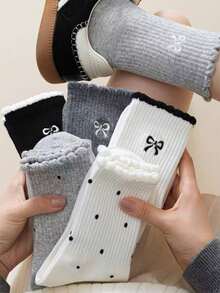 3双装，蕾丝、波点、蝴蝶结图案、纯白色休闲中筒袜 - 彩色 - 查看 2