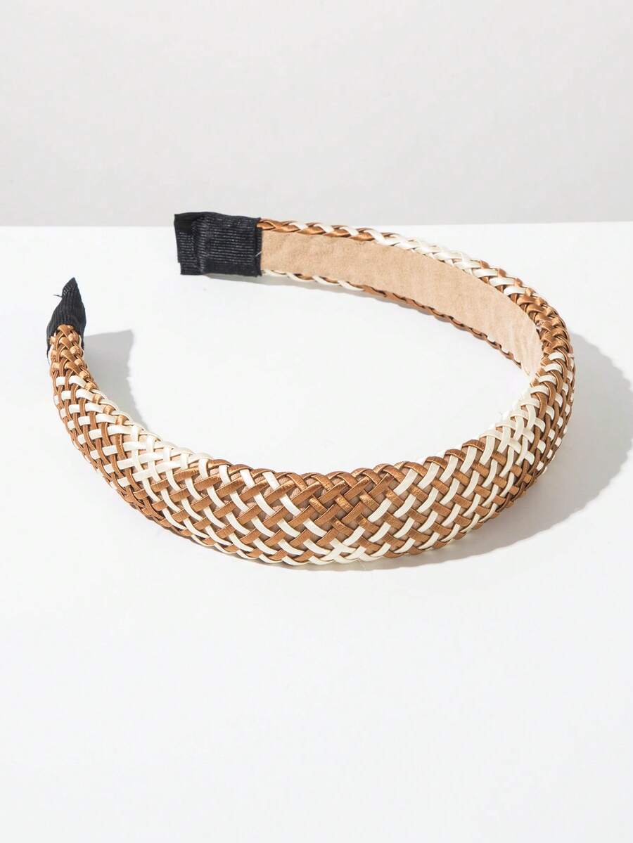 1 pieza Diadema de tela de unicolor con esponja y corona alta, estilo coreano minimalista y versátil, accesorio de viaje de diadema tejida de rafia bohemia para mujer - color cafe - Ver 1
