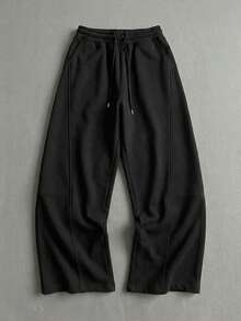 Men's Solid Color Sports Loose Casual Sweatpants, Featuring A Drawstring Waist And Elastic Waistband Design. Loose And Casual, Suitable For Boys Or Men Who Enjoy Outdoor Activities And Sports. Black Spring - Black - View 6