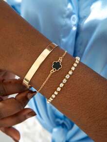 3pcs/Set Metal Claw Chain Drip Oil Flower Petal Bracelet, Gold Color - 27447-black - View 2