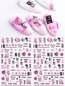 2片可爱粉紫色爱心、嘴唇和玫瑰情人节设计美甲贴纸，自粘式DIY美甲贴花，女士和女孩美甲配件 - 彩色 - 查看 9