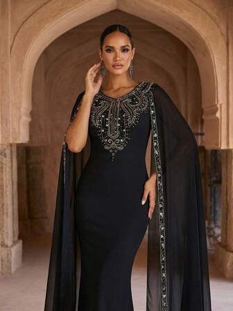 ชุดเดรสยาวออกงานผ้าชีฟองทรงเข้ารูปหางปลาหรูหราสไตล์อาหรับดูไบ Old Money สำหรับสตรี, ชุดเดรสยาวคลุมพื้นดีไซน์เรียบหรูแขนเสื้อคลุมไหล่ประดับด้วยลูกปัดและเลื่อม เหมาะสำหรับใส่เป็นชุดเพื่อนเจ้าสาว, ชุดออกงานพรอม, งานกาล่า, งานเลี้ยง, งานพรมแดง, งาน Black Tie