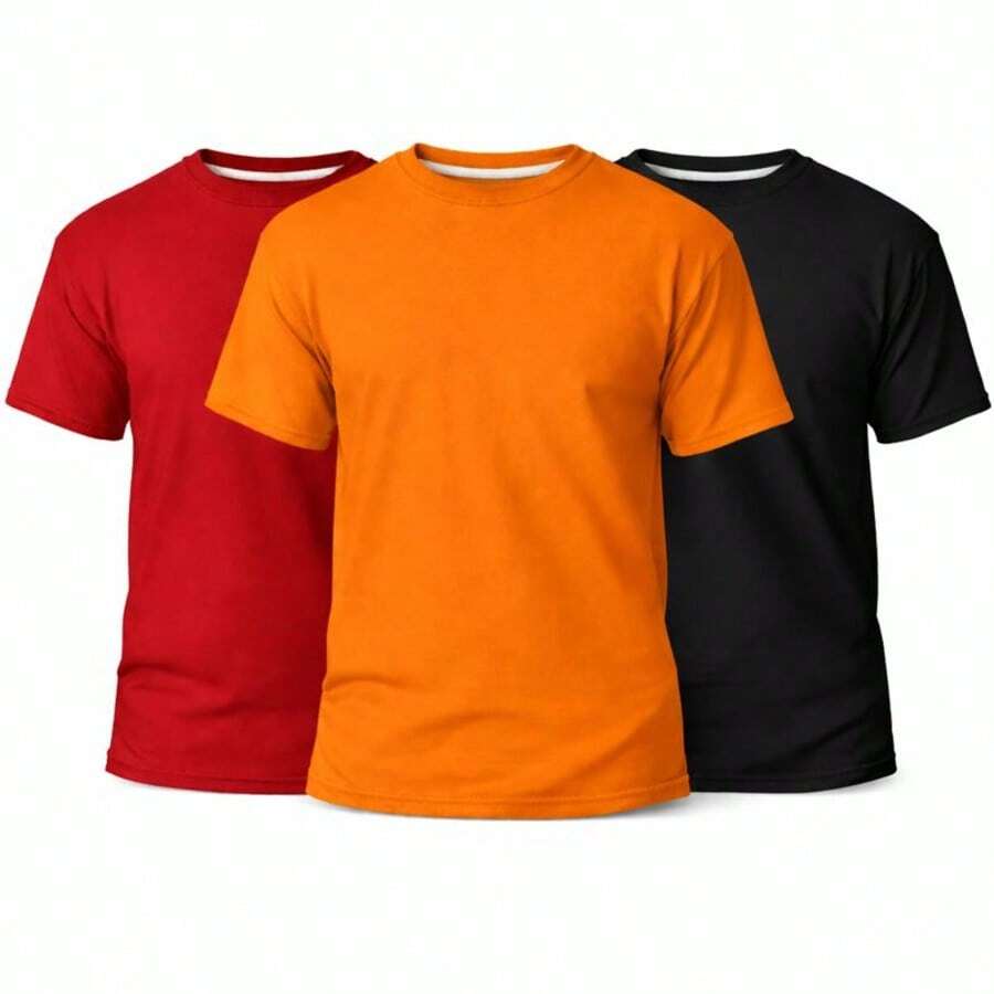Set Of 3 Men's Basic Plain T-Shirts, 100% Cotton, 30.1 Mm - Red/Orange/Black - View 1
