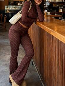 2 Piece  Polka Dot Pants Sets Women  Lounge Outfits Y2k Long Sleeve Top And Fold Over Leggings Pants Tracksuit Sets - 淺棕色 - 查看 2