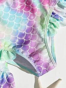 少女美人鱼鳞片印花荷叶边泳装套装 - 彩色 - 查看 3