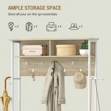 Coat Rack With Shoe Storage, Hall Tree With Bench For Hallway, 14 Open Compartments, Coat Stand With Adjustable Shelves, 13 Hooks, Top Storage For Living Room, Entrence - 白橡木色 - 查看 5
