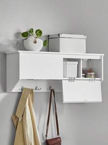 SoBuy FHK24-W, Wall Coat Rack Wall Shelf Wall Storage Cabinet Hallway Coat Rack With 2 Flip Doors 5 Hooks - White - View 2