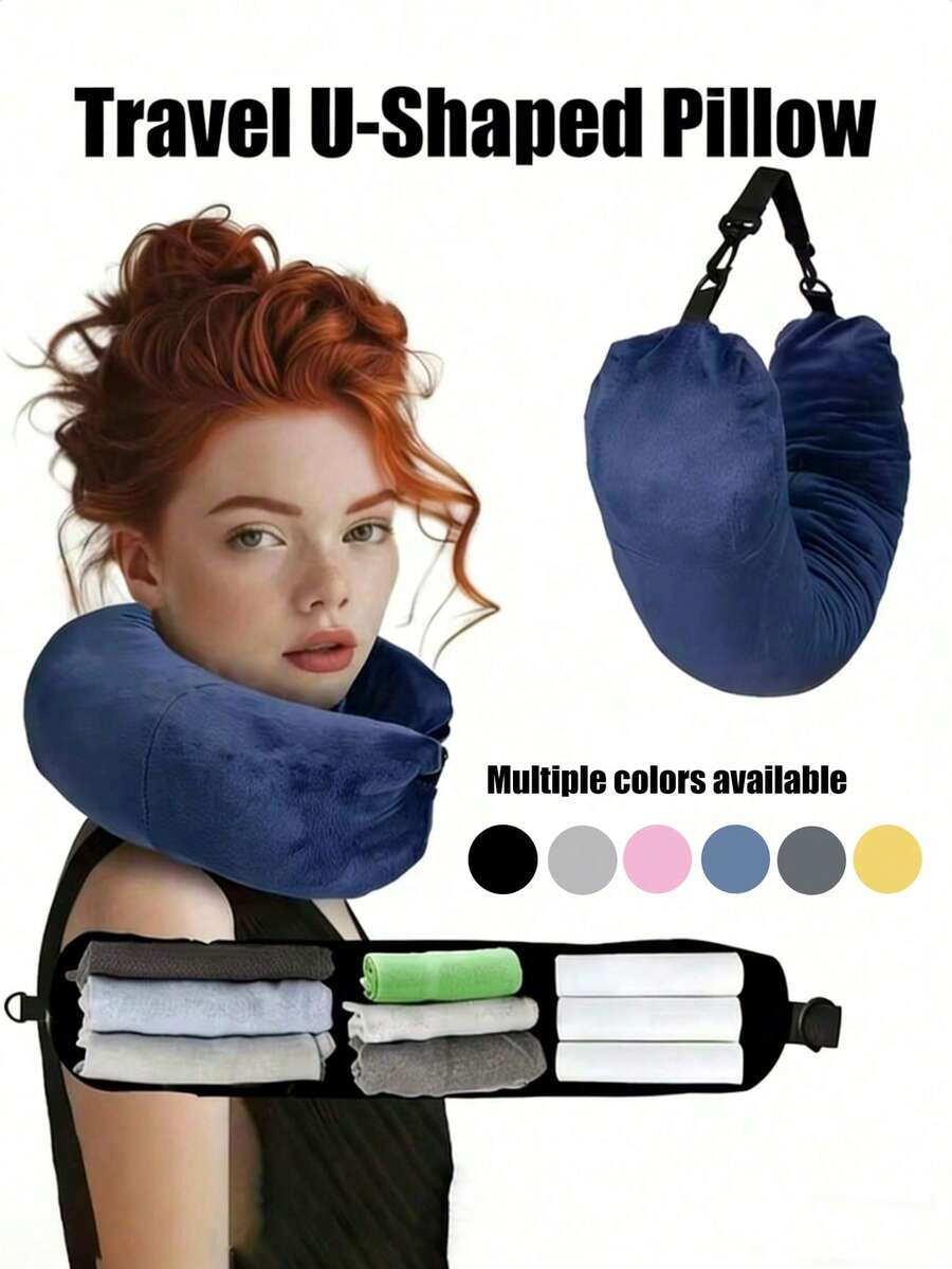 1pc Super Soft Adjustable Neck Pillow, New Travel U-Shaped Pillow, Filled With Clothing Fiber, Portable Memory Foam Travel Pillow, Large Capacity Zipper, Lightweight And Portable, Essential Daily Item. Comes With Storage Bag And Shoulder Strap, Suitable For Car, Train, Office, Airplane And More, Ideal For Long-Haul Flights, Business Trips, Commuting, Vacations, Home Rest, Sleep Aid. Available In Multiple Colors, Comfortable Travel Accessory Gift. - 彩色 - 查看 1