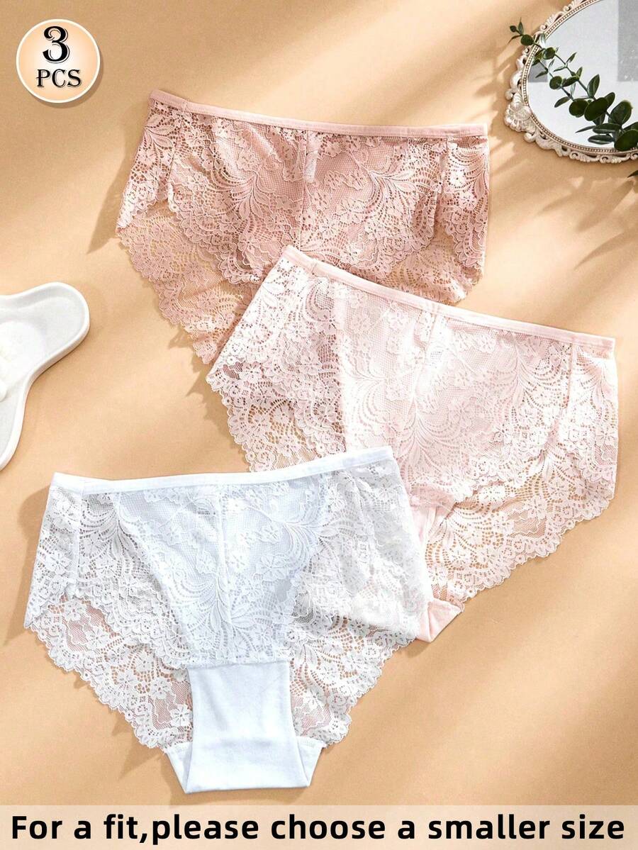 APRSEA 3pcs Women's Lace Panties, Minimalist & Comfortable, High-Waist Briefs - Multicolor - View 1