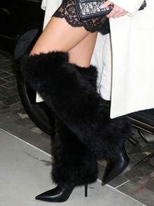 Women's Faux Fur Winter Fluffy Knee High Boots Warmers Sexy Soft Boot Cuffs Cover Pointed Toe High Heel Dressy Fold Over Tall Boots - 黑色 - 查看 5