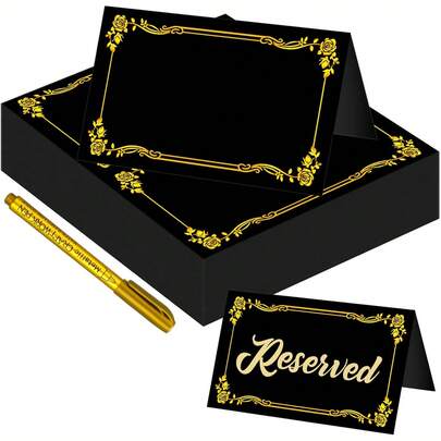 50/20/10pcs Black & Gold Wedding Place Cards, Gold Metal Framed Cards With Marker Pen, Elegant Black Place Cards With Gold Foil Borders, For Table Setting, Buffet, Party, Wedding, Anniversary, Valentine's Day