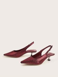 女士水钻装饰猫咪金属跟尖头套脚穆勒凉鞋，闪亮材质，时尚优雅，适合派对和正式场合穿着，低跟 - 酒紅色 - 查看 2