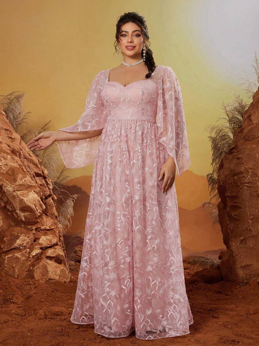 Square-Necked Embroidered Lace With Oblique Flared Sleeves And High-End Evening Dresses - Pink - View 1