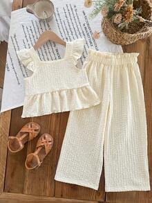 女童草莓印花套装，3D钩针编织短袖上衣+米色纹理阔腿裤，儿童甜美休闲两件套，夏季 - 杏色 - 查看 3