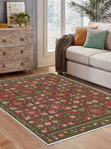 Thảm trải sàn in hoa màu xanh lá cây, kiểu dáng Bohemian, thảm cạnh giường ngủ, làm từ polyester, thích hợp cho phòng khách và phòng học, thấm hút tốt và chống trơn trượt, có thể giặt máy. - xanh quân đội - Xem 4