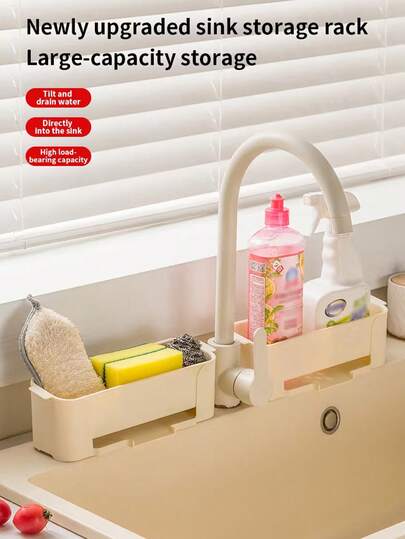 Adjustable Kitchen Sink Storage Shelf With Drainage System, Heavy Duty Space-Saving Countertop Organizer, Plastic Sink Caddy For Dish Soap & Sponge, Quick-Dry Drainer Rack