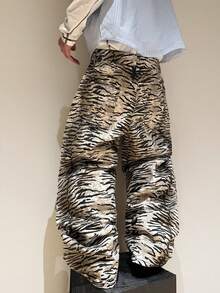 1pc Fashion Tiger Print Design Men's Loose Fit Wide Leg Washed Denim Jeans (Belt And Accessories Not Included) - White - View 1