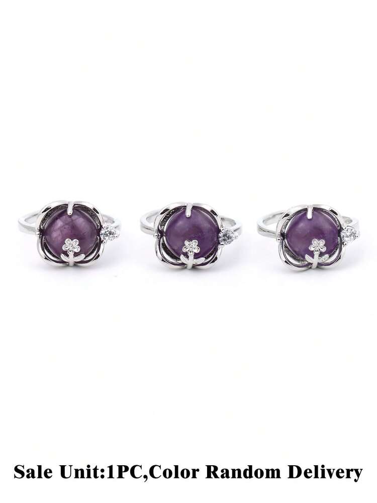 خاتم حجر طبيعي وردة واحدة، خرز كريستال أنيق من الأمثيست والكوارتز الوردي والعين النمر، خاتم حلقة كروي هدية مجوهرات H831 - جرس - مشاهدة 8