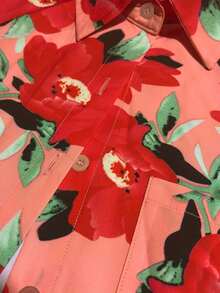 Polyester Floral & Leaf Print Button-Front Shirt, Casual Wear For Spring/Summer Vacation Pink - Pink - View 3