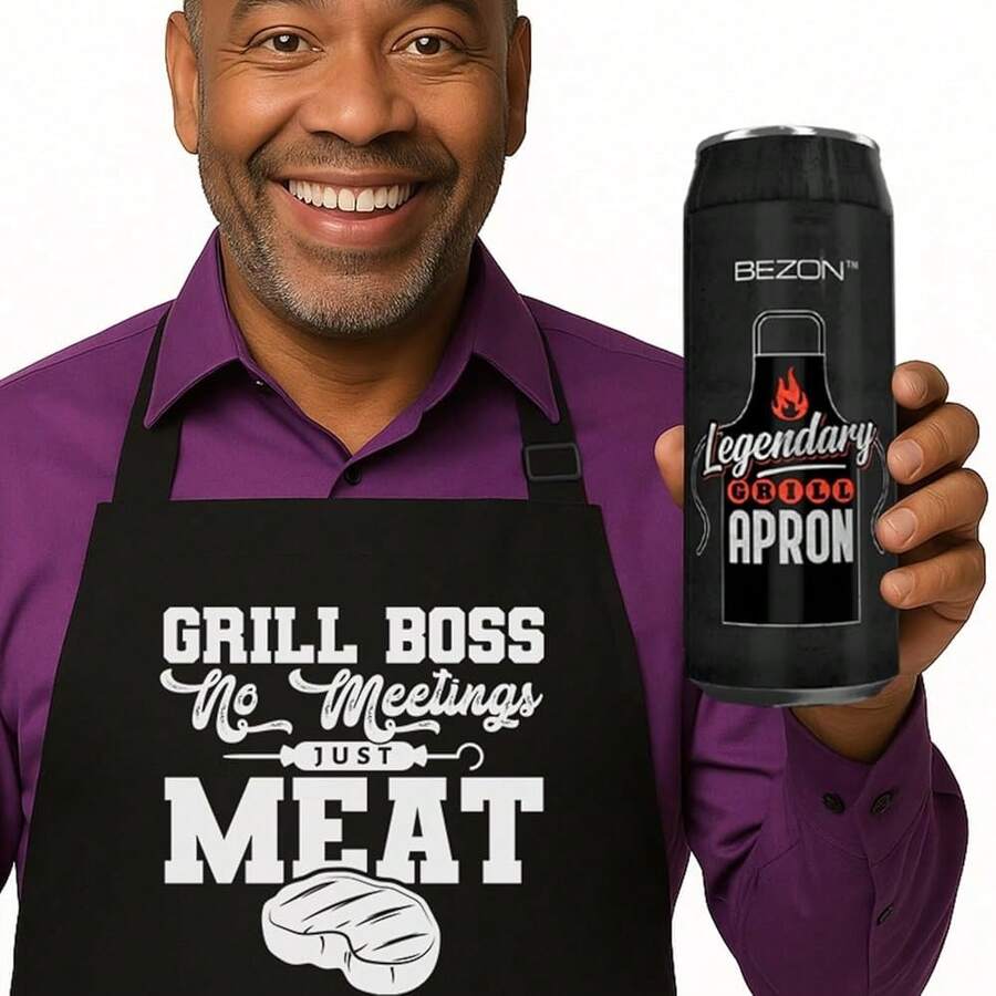 BEZON Funny Grill Apron For Men – Beer Can Gift Packaging – Hilarious BBQ Gift For Dad, Husband, Or Friend – Heavy-Duty Water-Resistant Canvas – Grill Boss: No Meetings, Just Meat,GrillBoss:NoMeetings - GrillBoss:不開會 - 查看 1