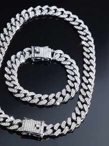 2pcs Black Cuban Link Chain Necklace And Bracelet Set, Men's Chain Necklace Hip Hop Jewelry Set, Fashion Rapper Jewelry, Perfect Gift For Boyfriend, Son And Dad