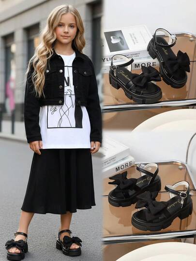 1 Pair Black Wedge Sandals For Teenage Girls, Soft Perforated Leather + Fabric Bow Combination, Adjustable Buckle Closure, Round Toe 3CM Chunky Heel, Fashionable Princess Style Beach Sandals Suitable For 3-15 Years Old Female Students, Casual Daily, Beach, Resort Wear, Spring/Summer 2026