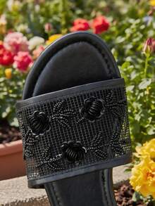 2026新款女士黑色复古露趾圆头凉鞋，手工串珠和3D亮片花朵装饰户外沙滩拖鞋/穆勒鞋，透气网面 - 黑色 - 查看 7