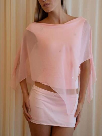 Women's Sheer Poncho Top Fashionable Solid Color Asymmetrical Mesh Shawl Wraps See Through Chiffon Capelet Wedding Cover Up