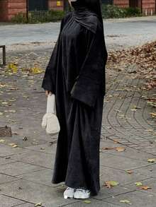 女士休闲宽松纯色端庄长款连衣裙 黑色 - 黑色 - 查看 1