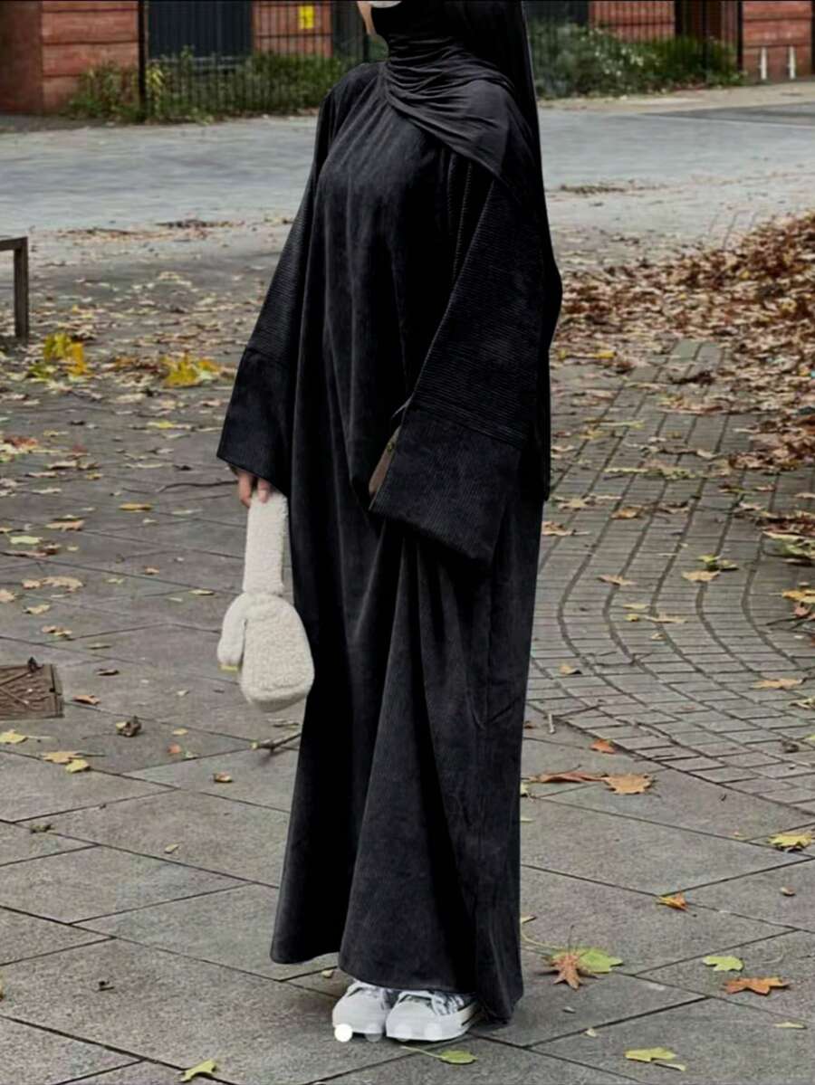 女士休闲宽松纯色端庄长款连衣裙 黑色 - 黑色 - 查看 1
