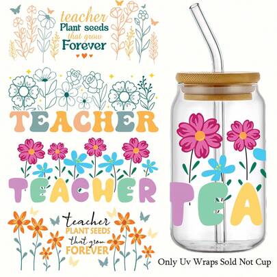 4pcs Teacher Appreciation UV DTF Transfer Stickers Set For Cups, Waterproof Scratch-Resistant 3D Crystal Transfer Paper Suitable For Glass Cups And Bottles - High-Quality Perfect Motivational Gifts For Teachers DIY Art Supplies