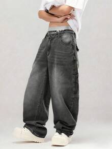 Quần ống rộng dáng rộng, nhiều túi, chất liệu denim giặt cổ điển dành cho nam, đa năng và phong cách, thích hợp làm quà tặng cho bạn trai/chồng - Xám - Xem 4