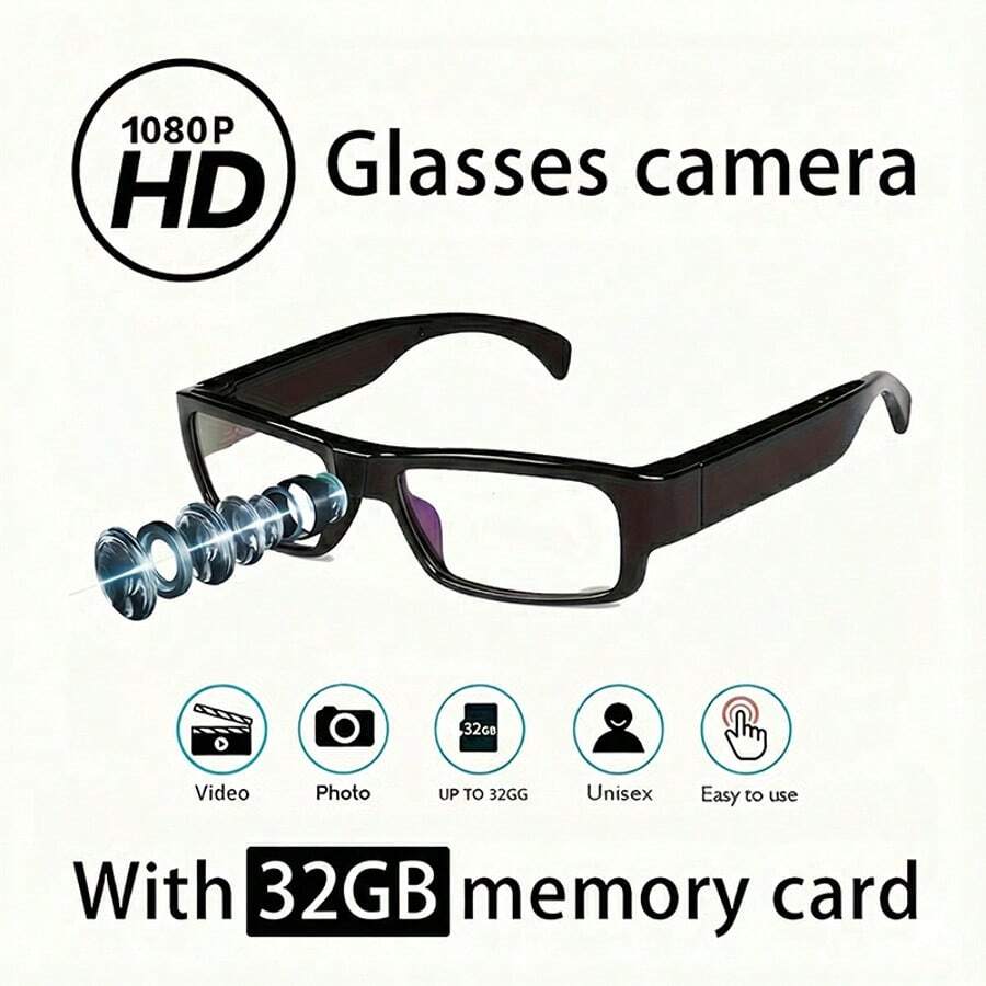1080P HD Wearable Glasses Camera With Built-In Camera And 32GB TF Card – Free Video Recording, Loop Recording, Autofocus And Stabilization System, Ergonomic Design, Suitable For Motorcycle Riding, Outdoor Sports, And FPV Drone Shooting (Compatible With Smartphones/Tablets/Computers) – Portable Smart Glasses Camera, Supports Continuous Recording And Automatic Exposure Control, AVI File Format. - 32GB - 查看 1
