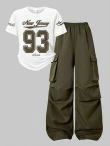Girls Letter Print Short Sleeve Top And Pants Set - Army Green - View 3