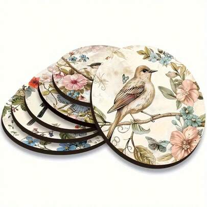 6pcs Watercolor Illustration Style Wooden Coasters, Home Coasters Decorated With Floral And Bird Patterns, Refreshing And Elegant, Unique Natural Vibe, Suitable For Kitchen, Kitchen Decor, Holidays, Wedding Banquet Tables, Bedroom, Bedroom Supplies, Room Decor, Garden Decor, Coaster Set, Beverage Coasters