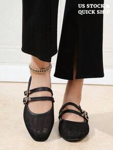 ADAMUMU Print Mesh Breathable Women's Flat Sandals, Mary Jane Ballet Flats, Lightweight & Comfortable Square Toe Hollow-Out Casual Slip-On Shoes - 黑色 - 查看 5