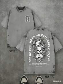 Retro Washed T-Shirt Double Sided Printed (230 Pure Cotton T-Shirt) 'SEE NO EVIL, HEAR NO EVIL, SPEAK NO EVIL' PSALM Letter And Pattern Print, Christian Gift, Men's T-Shirt, Men's Casual, Comfortable, Fashionable T-Shirt, Street Style Cotton Unisex Plus Size Top - 灰色 - 查看 1