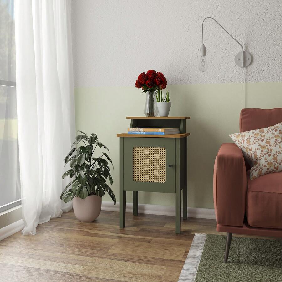 Mesa de Apoio/ Mesa de Cabeceira Retrô com 1 Porta Charlote Artely Menta - Verde Oliva - Visão 1