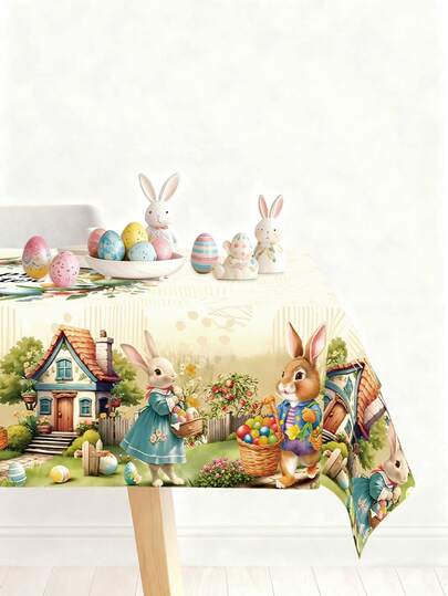 1pc Vintage Happy Easter Tablecloth, 180*140/140*90cm Rectangular Polyester Tablecloth Decorated With Rabbits, Easter Eggs And Farmhouse Design, Easter Party Decor, Home Easter Decoration, Easter Egg Hunt Party Supplies, Kitchen Decor, Tabletop Decor, Spring Decor, Spring Party Supplies, Easter Gift