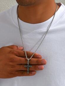 1pc Men's Vintage Stainless Steel Jesus Cross Pendant Necklace, Distressed Texture Crucifix Necklace, Versatile Hiphop Style Necklace Suitable For Fashionable And Retro Faith Outfits - White - View 7